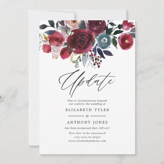 Boho Chic BurgundyとNavyのフローラ結婚アップデート 招待状 (正面)