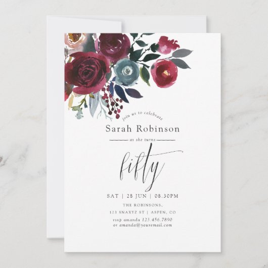 Boho Chic BurgundyとNavy 50th Birthday Party 招待状 (正面)