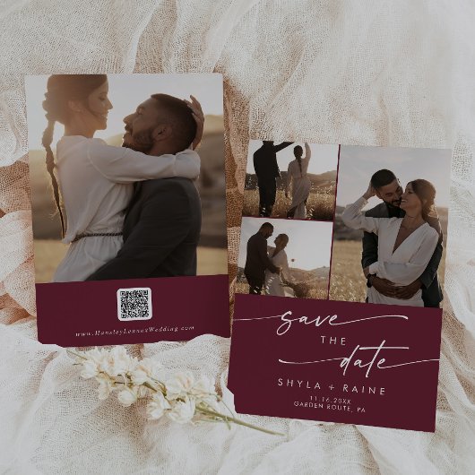 Boho Chic Burgundy Red写真数々のQRコード セーブザデート
