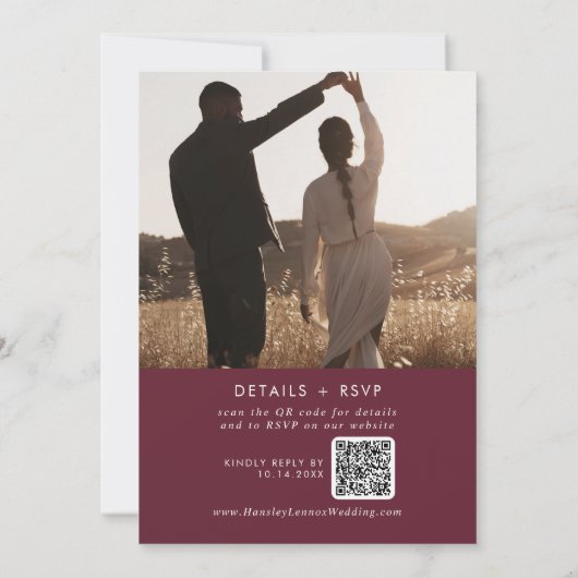 Boho Chic Burgundy Red Photo QR Code 結婚's 招待状 (裏面)