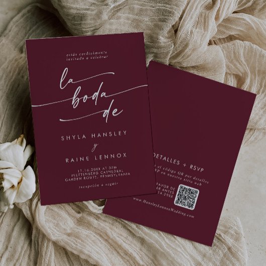 Boho Chic Burgundy Red QRコードスペインの結婚s 招待状