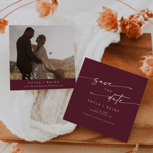 Boho Chic Burgundy Red Squareフォトバック セーブザデート