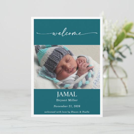Boho Chic Classic Baby Photo Announcement Card 招待状 (スタンド正面)