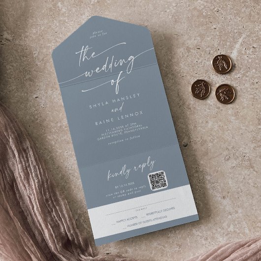 Boho Chic Dusty Blue QRコードメール結婚イン オールインワン招待状