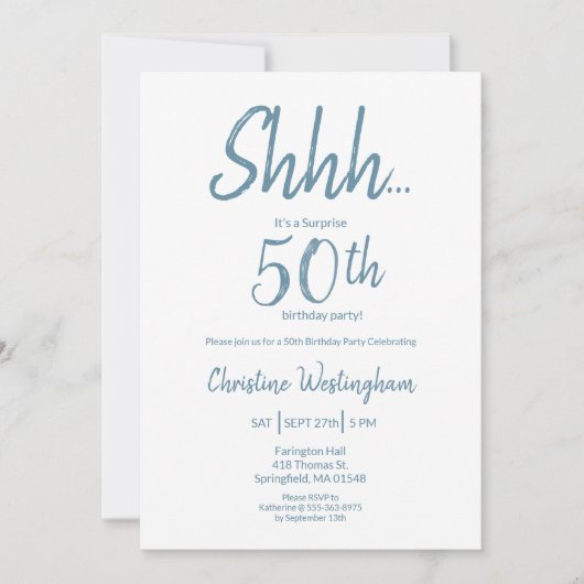 Boho Chic Dusty Blue White Surprise 50th Birthday 招待状 (正面)