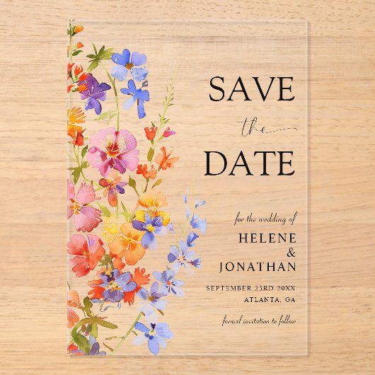 Boho Chic Elegant Wildflower Wedding Save The Date アクリル招待状 (正面)