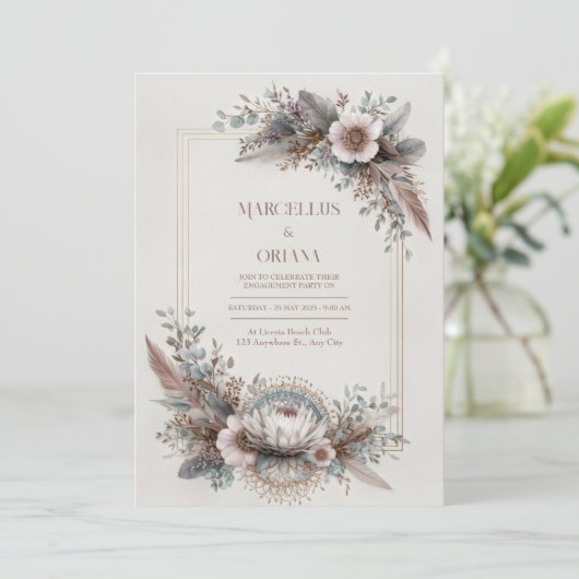 Boho Chic Feather Dusty Rose Gold Frame Wedding 招待状 (スタンド正面)