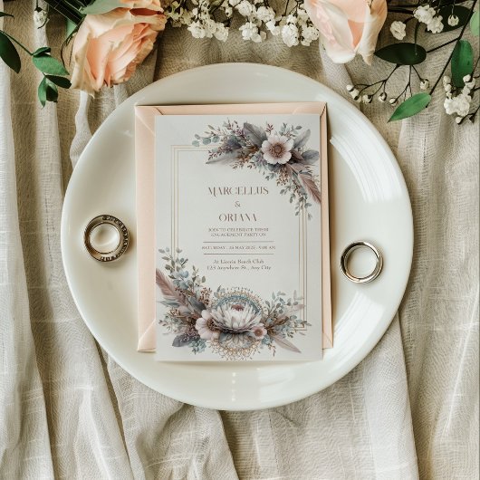 Boho Chic Feather Dusty Rose Gold Frame Wedding 招待状