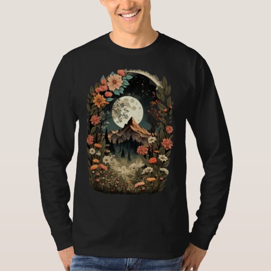 Boho Chic Floral Moon Mountain Forest Nature Retro Tシャツ (正面)