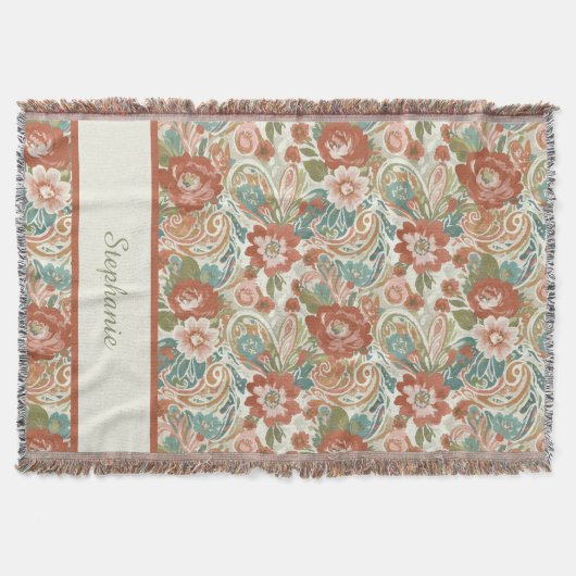 Boho Chic Floral Paisley Pattern Throw Blanket スローブランケット (正面)