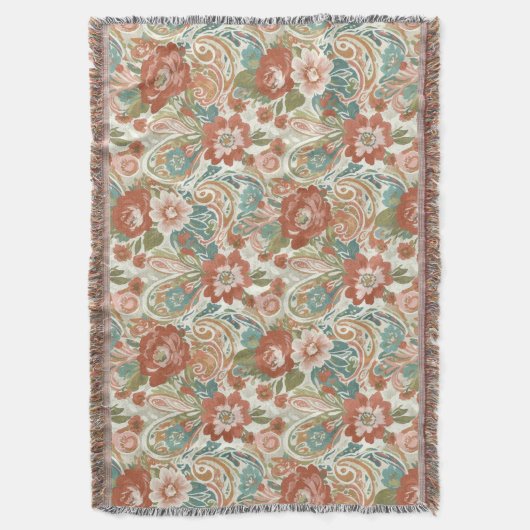 Boho Chic Floral Paisley Pattern Throw Blanket スローブランケット (正面縦)