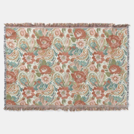 Boho Chic Floral Paisley Pattern Throw Blanket スローブランケット (正面)