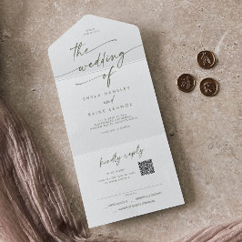 Boho Chic Green and White QR Code Mail In 結婚's オールインワン招待状