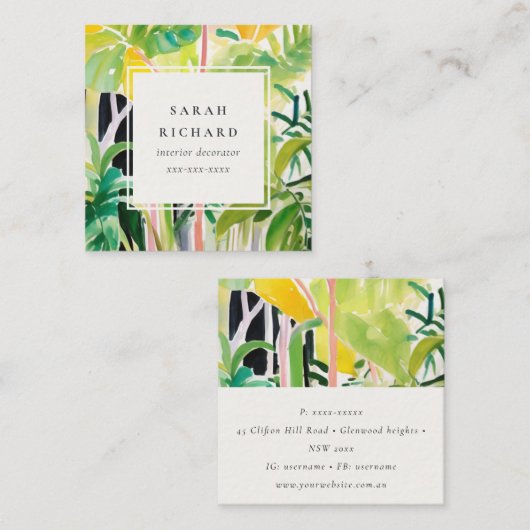 Boho Chic Green Tropical Leafy Foliage Botanical スクエア名刺 (正面/裏面)