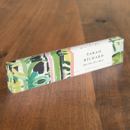 Boho Chic Green Tropical Leafy Foliage Botanical デスクネームプレート