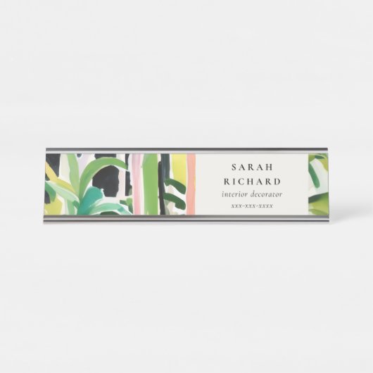 Boho Chic Green Tropical Leafy Foliage Botanical デスクネームプレート (正面)