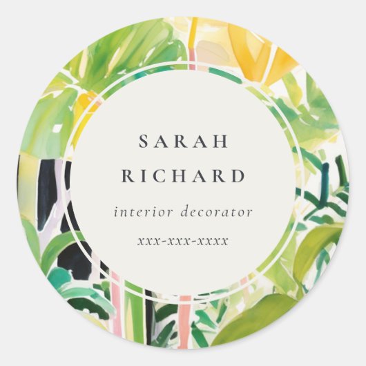 Boho Chic Green Tropical Leafy Foliage Botanical ラウンドシール (正面)