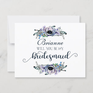 Boho Chic Mint & Navy Will Be My Bridesmaid 招待状