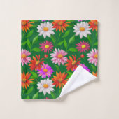 Boho Chic Multicolor Flowers with Leaves on Green バスタオルセット (ウォッシュタオル)