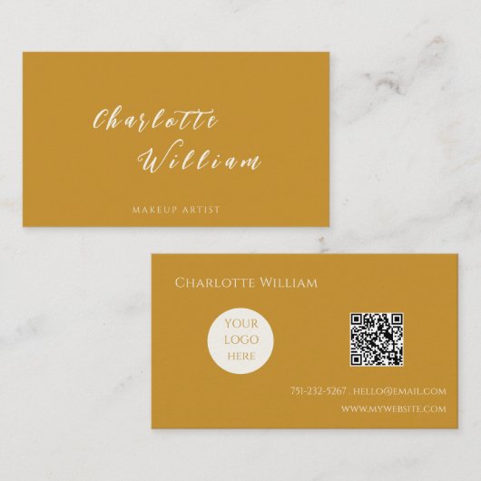 Boho Chic Mustard書道スクリプトロゴQRコード 名刺 (正面/裏面)
