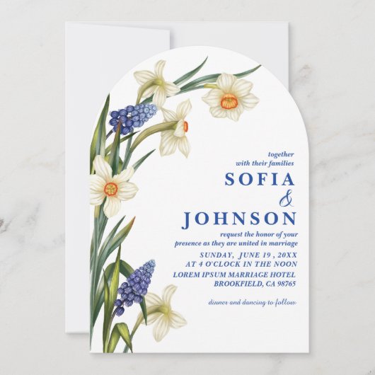 Boho Chic navy blue and white floral Wedding 招待状 (正面)