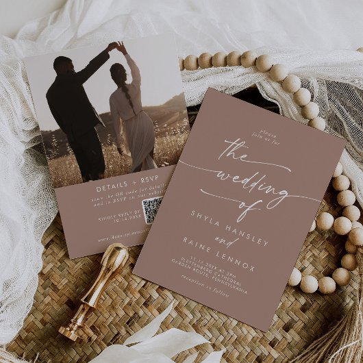Boho Chic Neutral Taupe写真QRコード結婚ズ 招待状