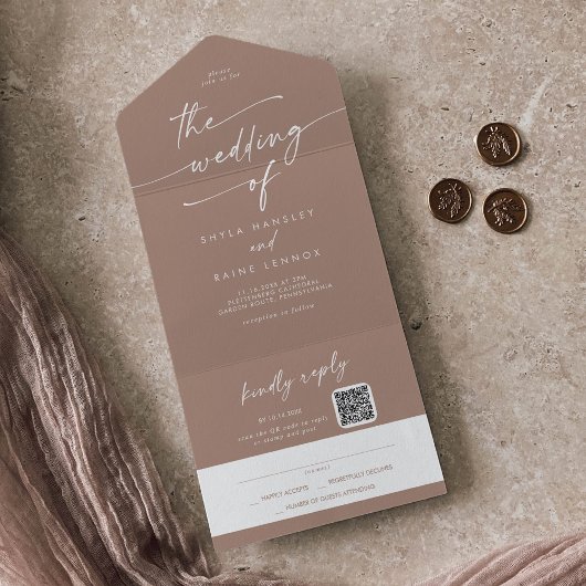 Boho Chic Neutral Taupe QRコードメール結婚イン オールインワン招待状