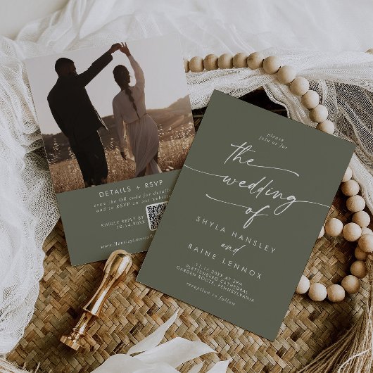 Boho Chic Olive Green写真QRコード結婚ズ 招待状
