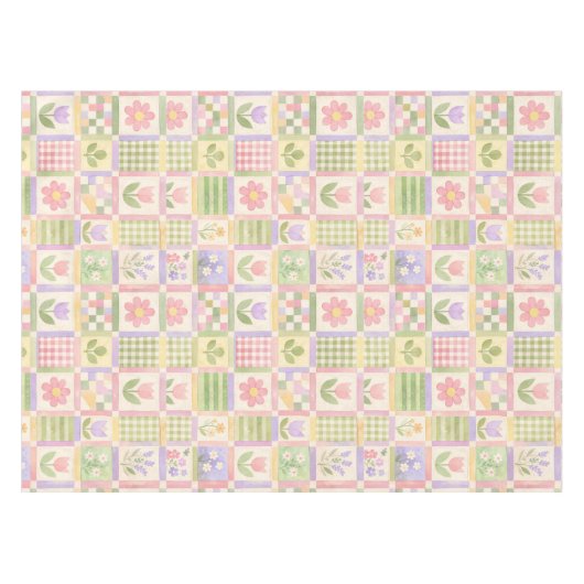 Boho Chic Pink & Green Quilt Floral Patchwork テーブルクロス (正面(横))