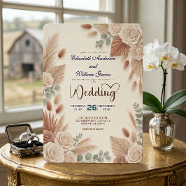 Boho Chic Roses Pampas Grass Wedding 招待状