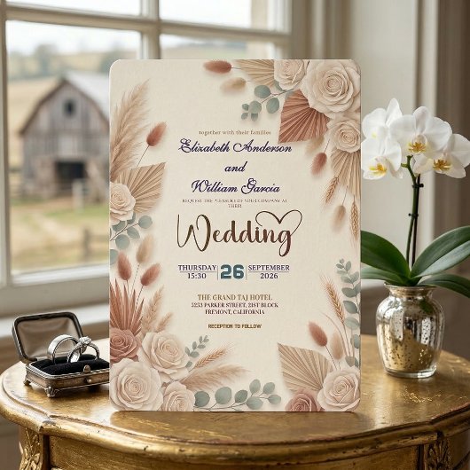 Boho Chic Roses Pampas Grass Wedding 招待状