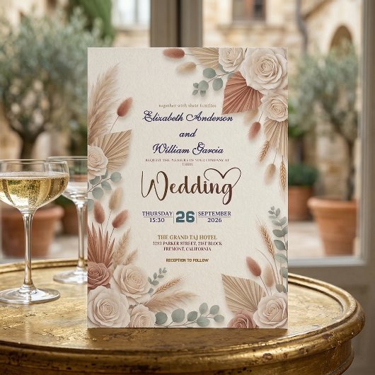 Boho Chic Roses Pampas Grass Wedding 招待状
