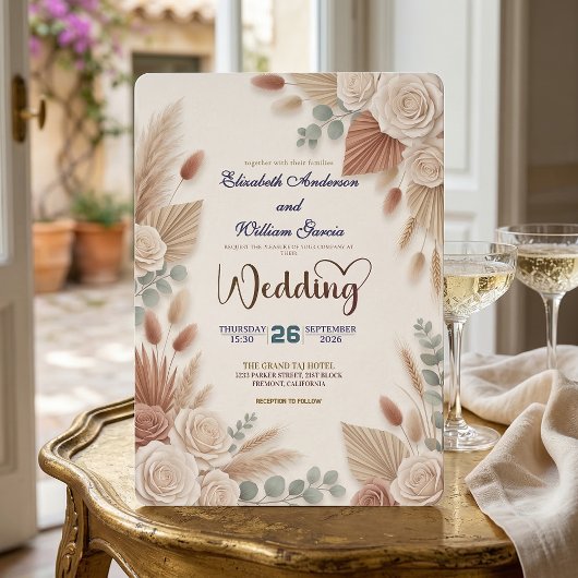 Boho Chic Roses Pampas Grass Wedding 招待状