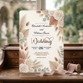 Boho Chic Roses Pampas Grass Wedding 招待状