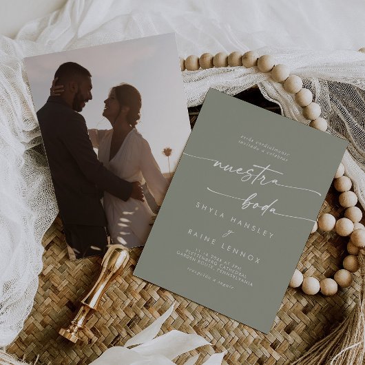 Boho Chic Sageグリーンフォトズスペインの結婚ズ 招待状