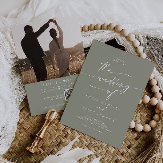 Boho Chic Sage Green Photo QR Code 結婚's 招待状