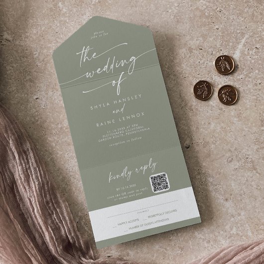 Boho Chic Sage Green QRコードメール結婚イン オールインワン招待状