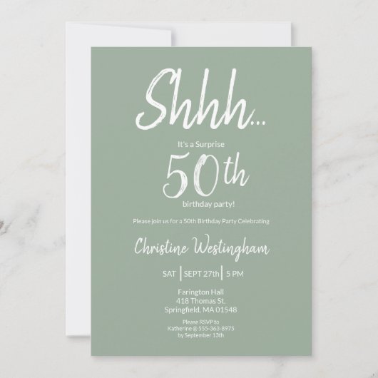 Boho Chic Sage Green Surprise 50th Birthday 招待状 (正面)