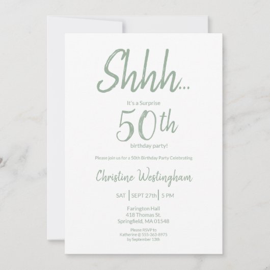 Boho Chic Sage Green Surprise 50th Birthday 招待状 (正面)