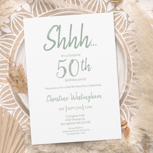 Boho Chic Sage Green Surprise 50th Birthday 招待状