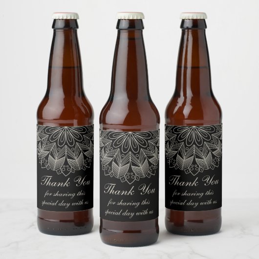 Boho Chic Thank You Mandala Indian Black Wedding ビールラベル (ボトル)