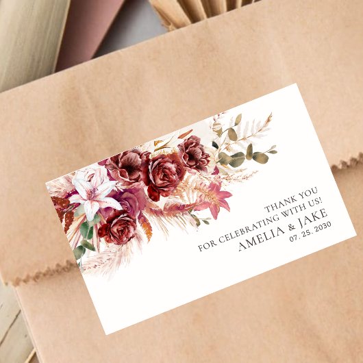 Boho Chic Wedding Sticker – Burgundy Blush Floral  長方形シール