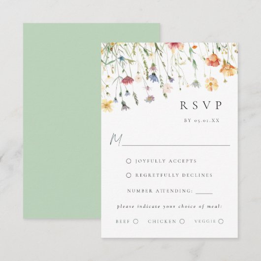 Boho Chic Wildflower Wedding Meal Choice RSVP Card (正面/裏面)