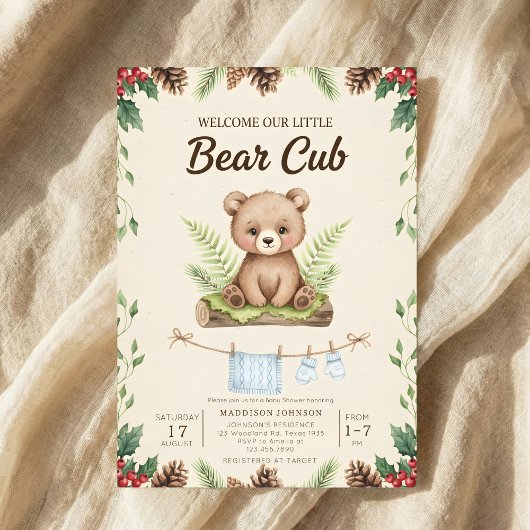 boho chic woodland bear greenery baby shower 招待状