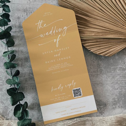 Boho Chic Yellow Marigold QRコードメール結婚イン オールインワン招待状