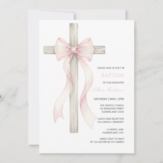 Boho Christening Baptism girl bow invitation 招待状 (正面)