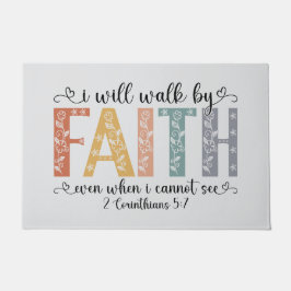 Boho Christian Walk by Faith Bible Verse Floral ドアマット