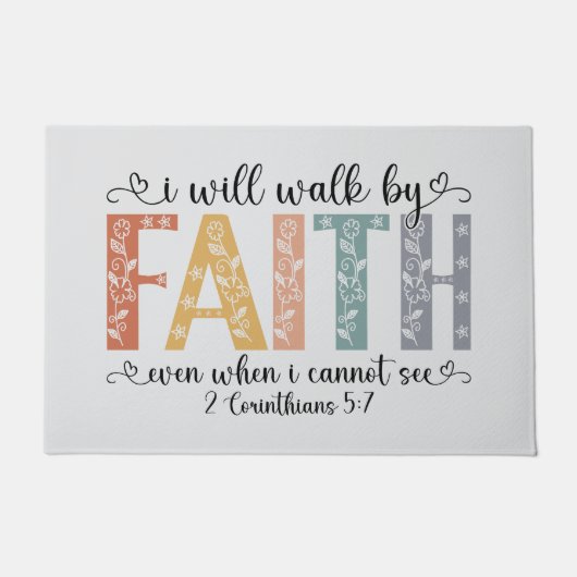 Boho Christian Walk by Faith Bible Verse Floral ドアマット (正面)