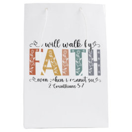 Boho Christian Walk by Faith Bible Verse Floral ミディアムペーパーバッグ