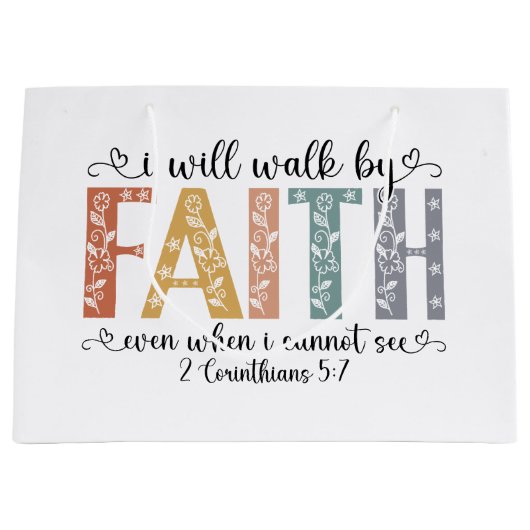 Boho Christian Walk by Faith Bible Verse Floral ラージペーパーバッグ (正面)